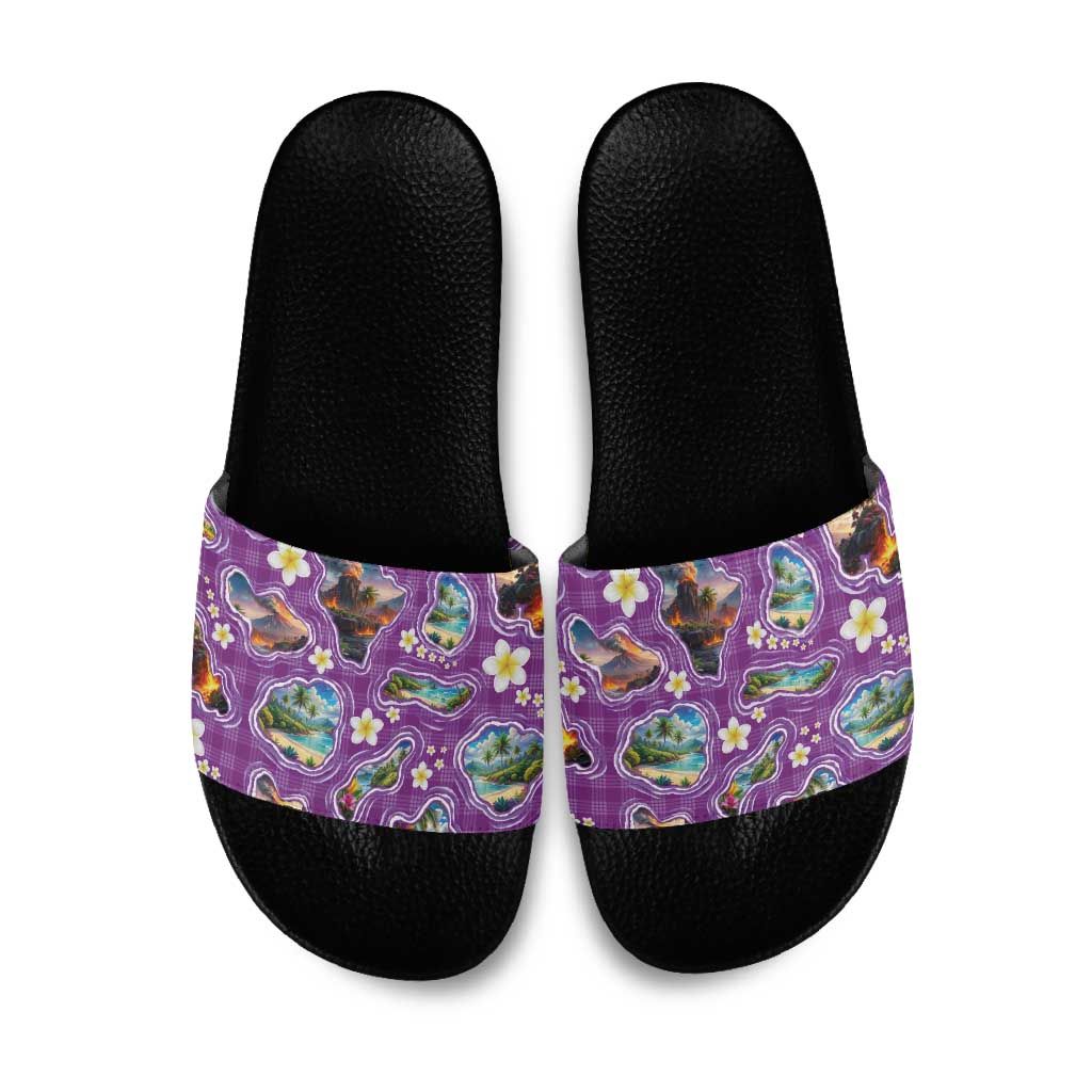Hawaiian Island Shapes-Iconic Landscape Slide Sandals with Plumeria and Palaka Purple Color LT03 Purple - Polynesian Pride