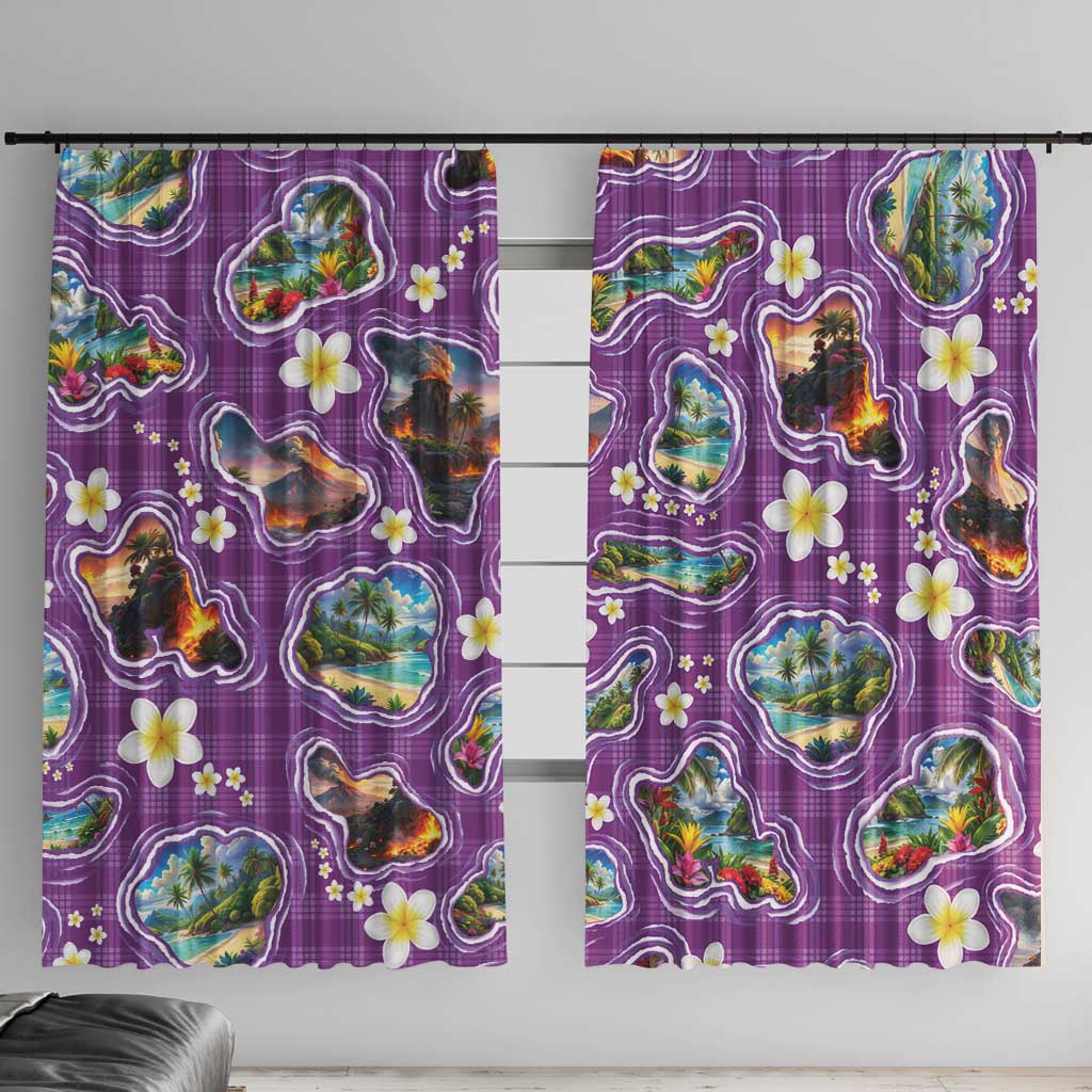 Hawaiian Island Shapes-Iconic Landscape Window Curtain with Plumeria and Palaka Purple Color LT03 With Hooks Purple - Polynesian Pride