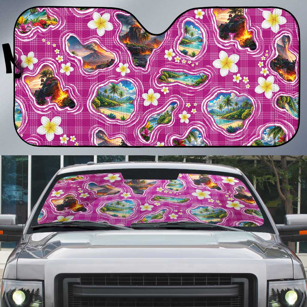 Hawaiian Island Shapes-Iconic Landscape Auto Sun Shade with Plumeria and Palaka Pink Color LT03 Pink - Polynesian Pride