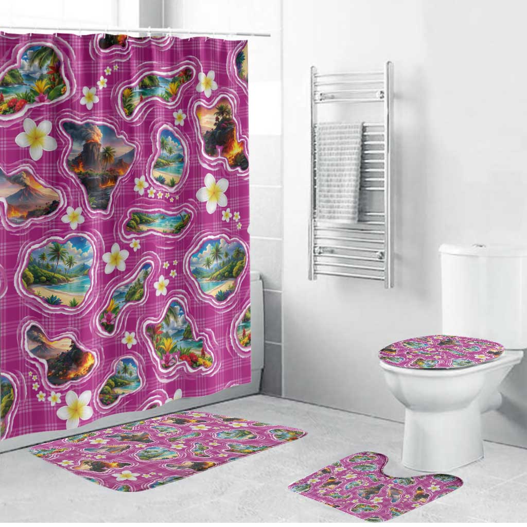 Hawaiian Island Shapes-Iconic Landscape Bathroom Set with Plumeria and Palaka Pink Color LT03 Bathroom Set (4 pcs) Pink - Polynesian Pride