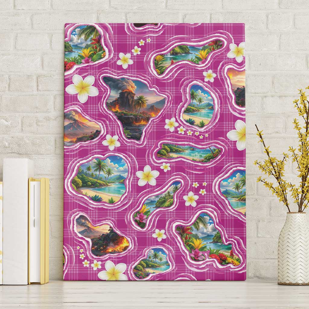 Hawaiian Island Shapes-Iconic Landscape Canvas Wall Art with Plumeria and Palaka Pink Color LT03 Without Frame Pink - Polynesian Pride