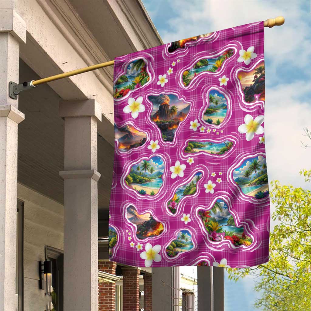 Hawaiian Island Shapes-Iconic Landscape Garden Flag with Plumeria and Palaka Pink Color LT03 House Flag Pink - Polynesian Pride