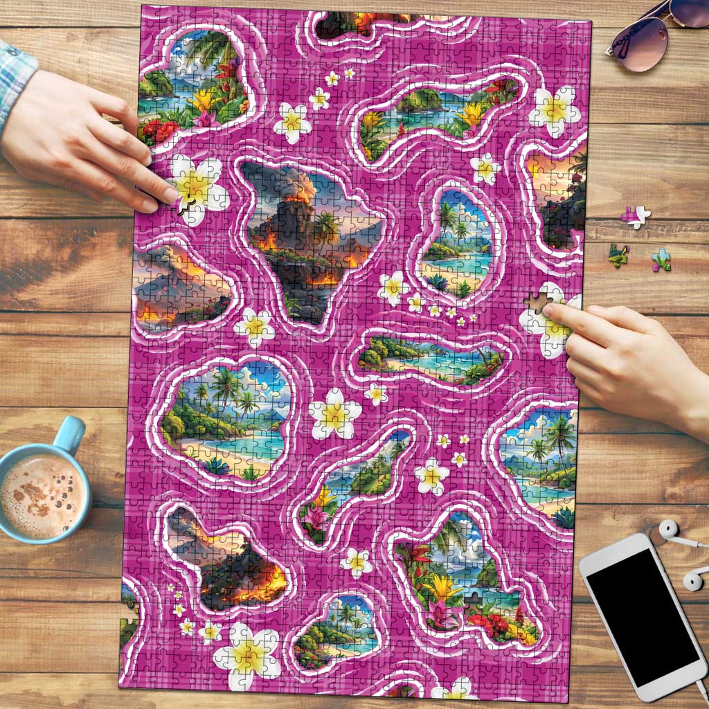 Hawaiian Island Shapes-Iconic Landscape Puzzle with Plumeria and Palaka Pink Color LT03 Pink - Polynesian Pride