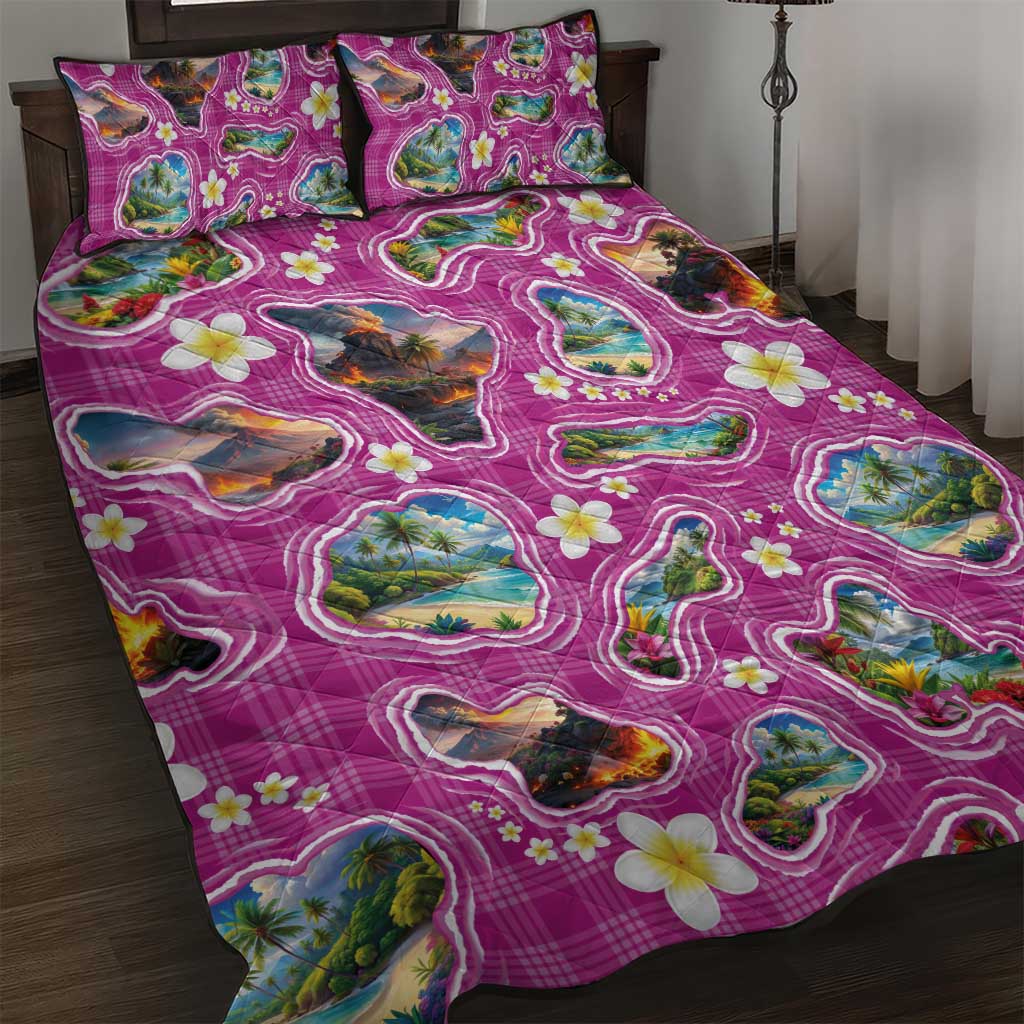 Hawaiian Island Shapes-Iconic Landscape Quilt Bed Set with Plumeria and Palaka Pink Color LT03 Pink - Polynesian Pride