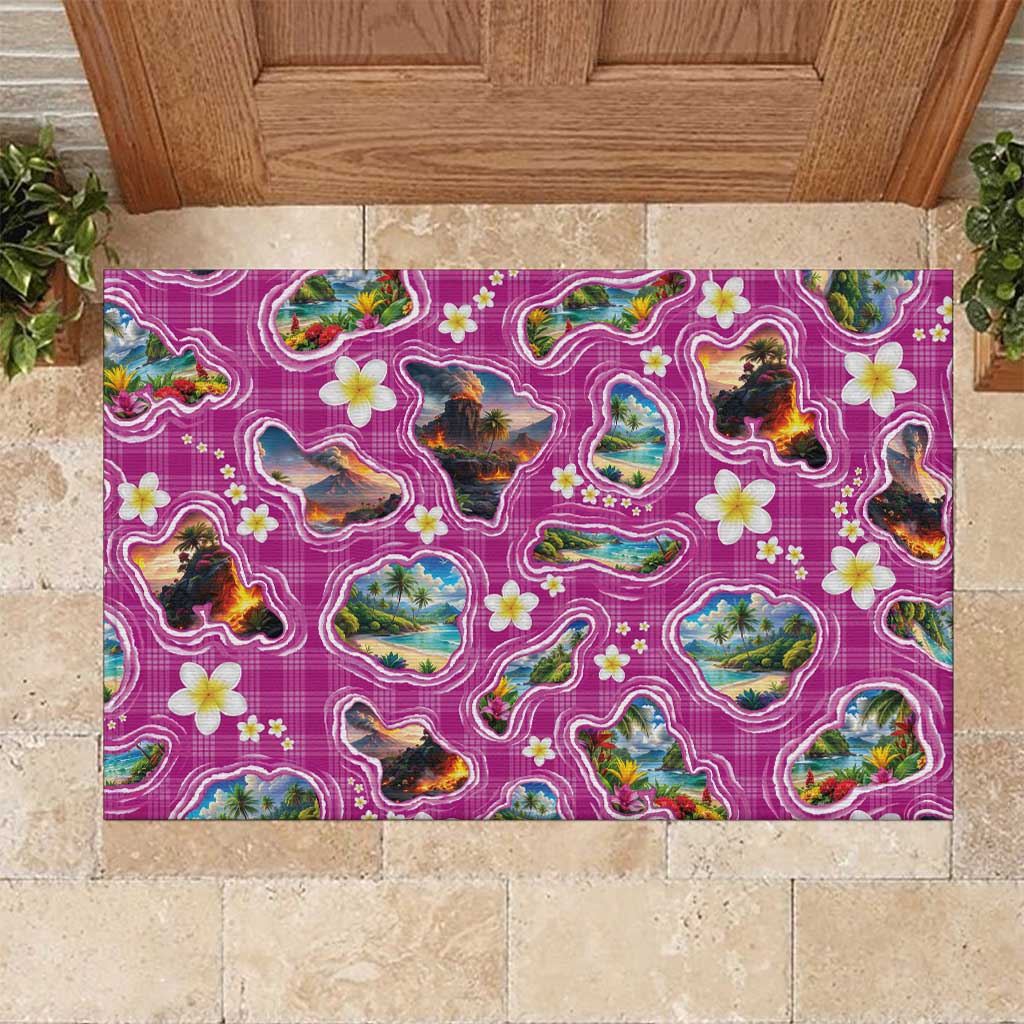 Hawaiian Island Shapes-Iconic Landscape Rubber Doormat with Plumeria and Palaka Pink Color LT03 Pink - Polynesian Pride