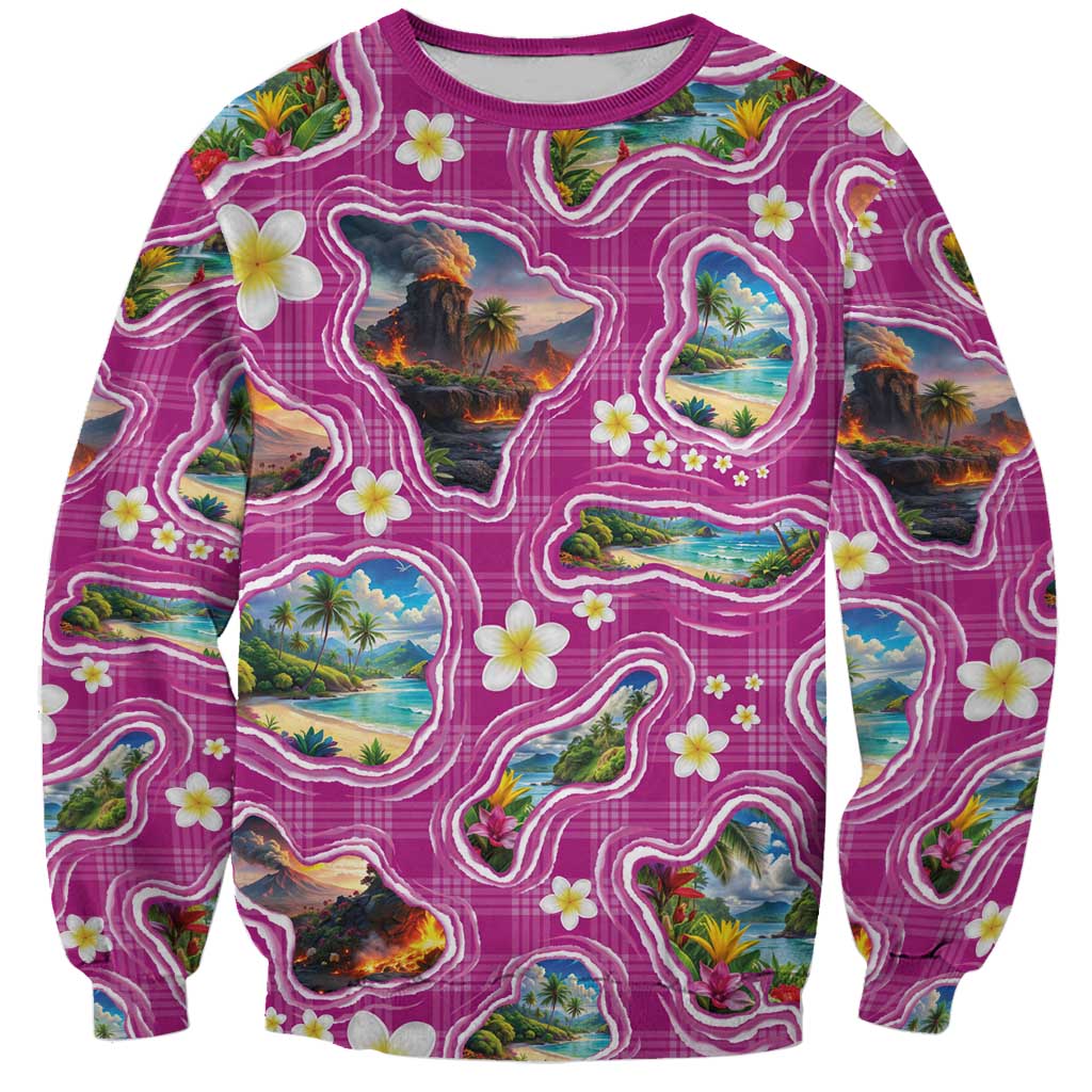 Hawaiian Island Shapes-Iconic Landscape Sweatshirt with Plumeria and Palaka Pink Color LT03 Unisex Pink - Polynesian Pride