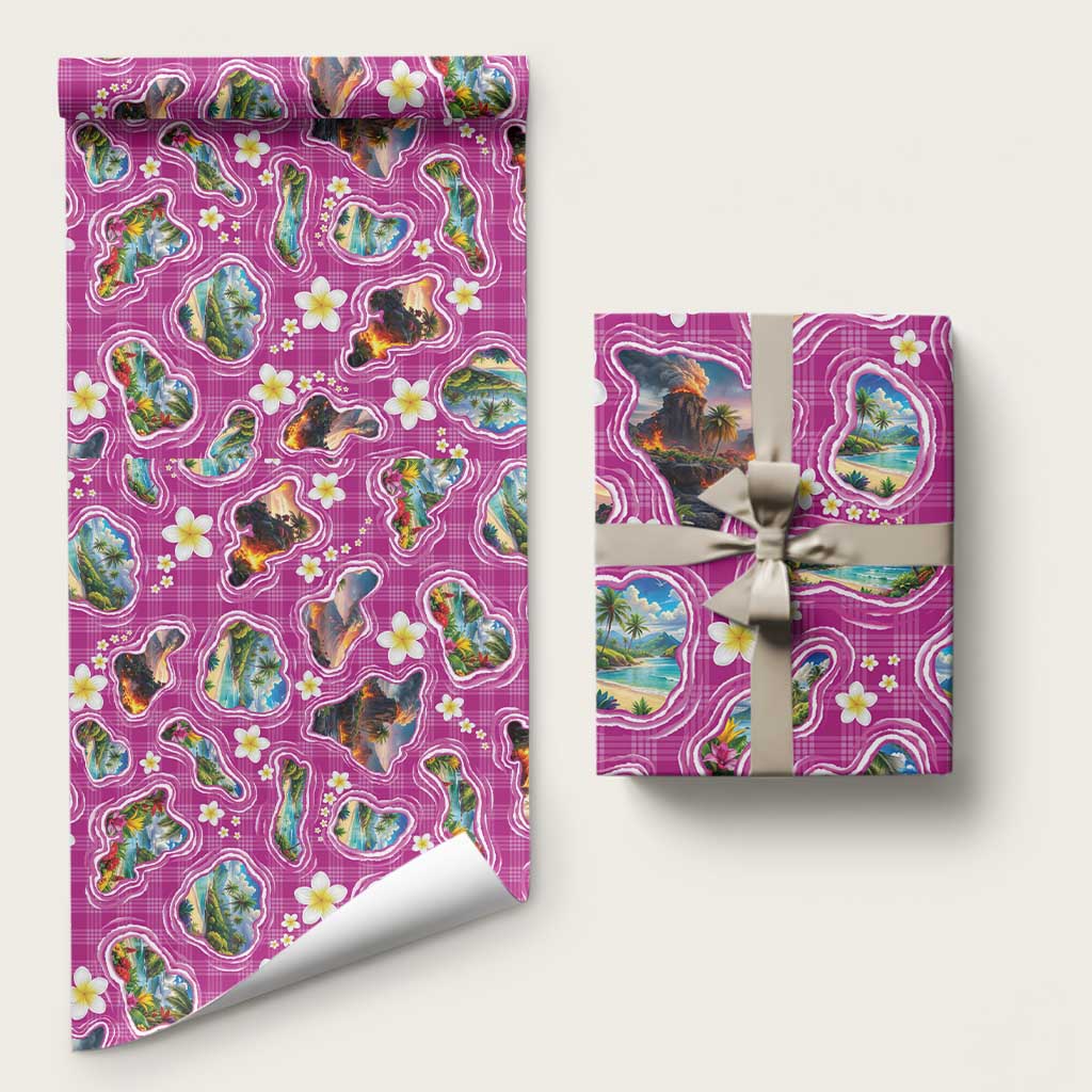 Hawaiian Island Shapes-Iconic Landscape Wrapping Paper with Plumeria and Palaka Pink Color LT03 58" × 23" Pink - Polynesian Pride