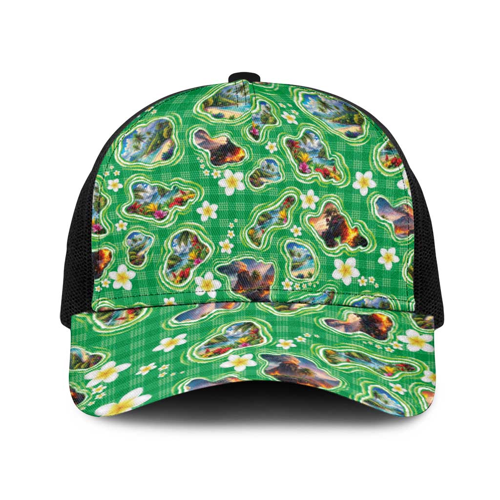 Hawaii Map with Plumeria Flower and Palaka Pattern Baseball Net Cap Tropical Island Green Design LT03 One Size Black Green - Polynesian Pride