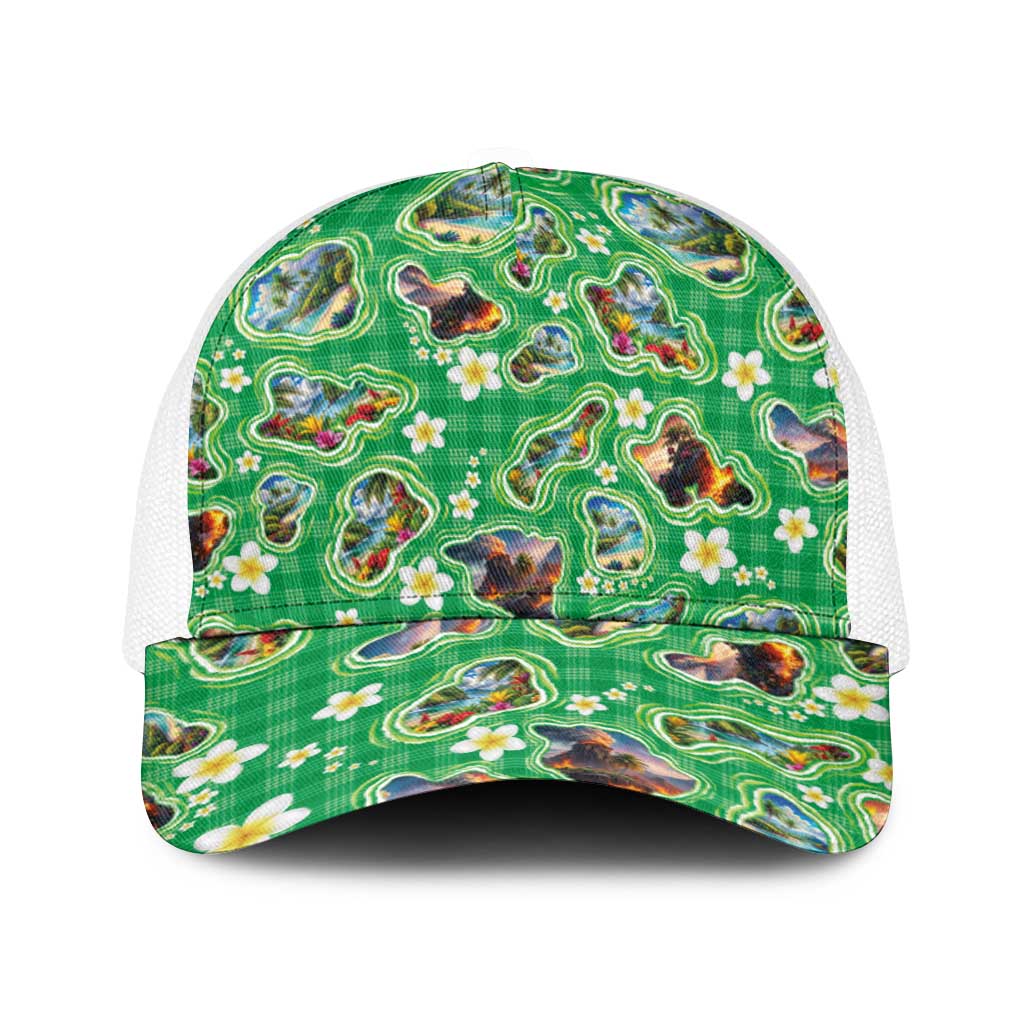 Hawaii Map with Plumeria Flower and Palaka Pattern Baseball Net Cap Tropical Island Green Design LT03 One Size White Green - Polynesian Pride