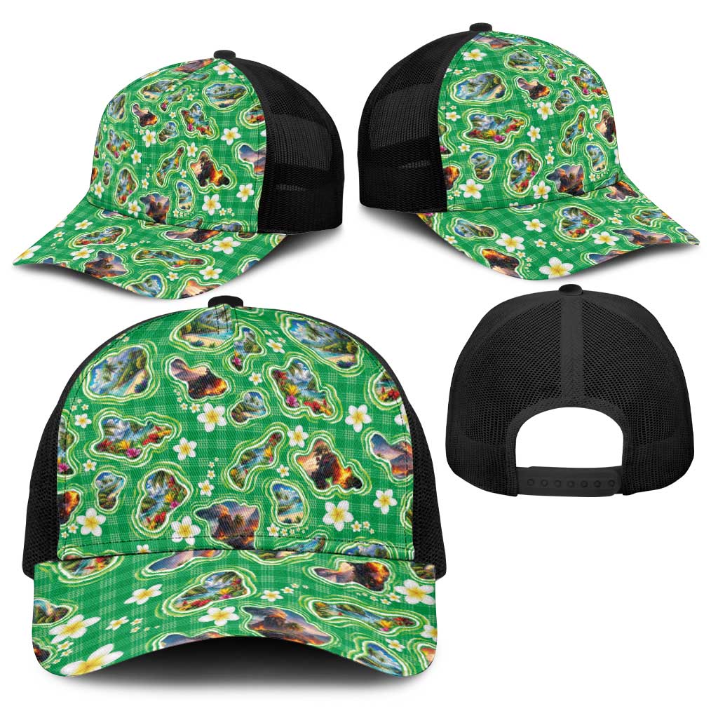 Hawaii Map with Plumeria Flower and Palaka Pattern Baseball Net Cap Tropical Island Green Design LT03 - Polynesian Pride