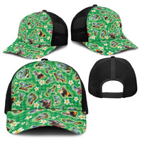 Hawaii Map with Plumeria Flower and Palaka Pattern Baseball Net Cap Tropical Island Green Design LT03 - Polynesian Pride