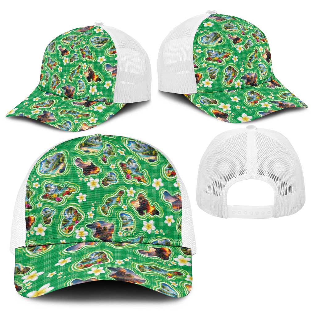 Hawaii Map with Plumeria Flower and Palaka Pattern Baseball Net Cap Tropical Island Green Design LT03 - Polynesian Pride