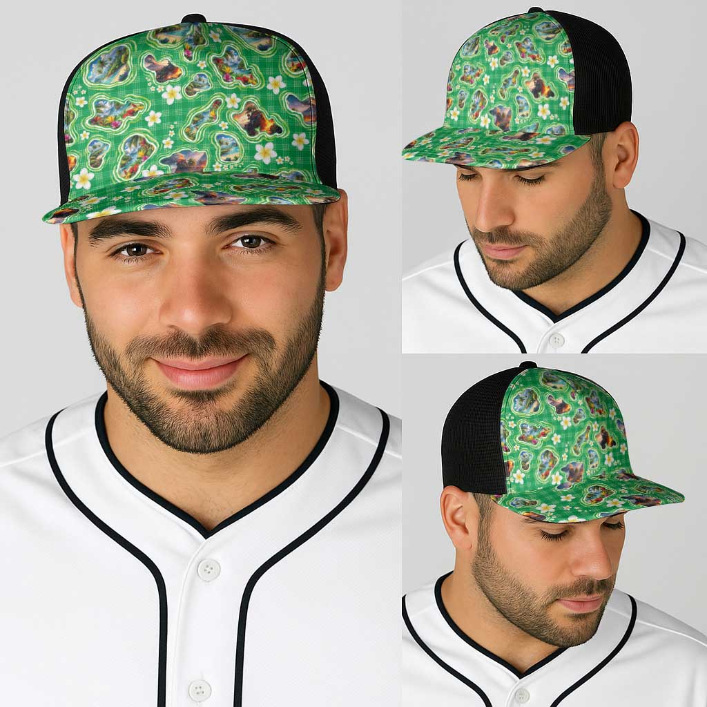 Hawaii Map with Plumeria Flower and Palaka Pattern Baseball Net Cap Tropical Island Green Design LT03 - Polynesian Pride