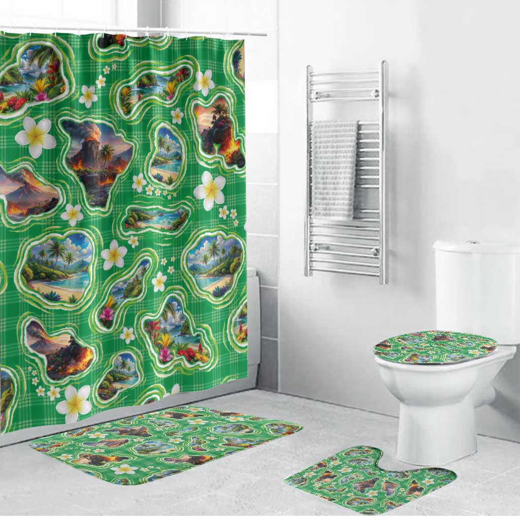 Hawaii Map with Plumeria Flower and Palaka Pattern Bathroom Set Tropical Island Green Design LT03 Bathroom Set (4 pcs) Green - Polynesian Pride