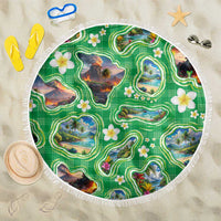 Hawaii Map with Plumeria Flower and Palaka Pattern Beach Blanket Tropical Island Green Design LT03 One Size 150cm Green - Polynesian Pride