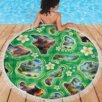 Hawaii Map with Plumeria Flower and Palaka Pattern Beach Blanket Tropical Island Green Design LT03 - Polynesian Pride