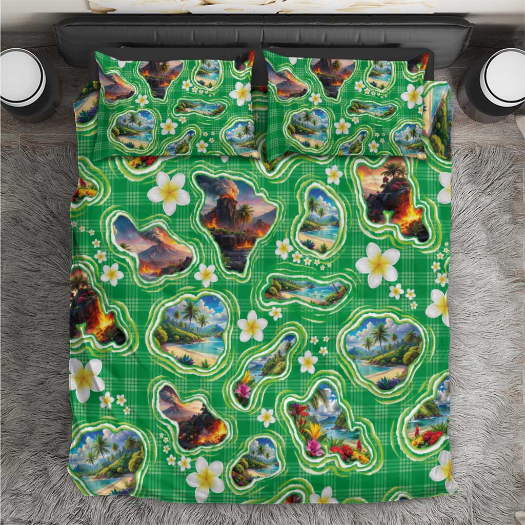 Hawaii Map with Plumeria Flower and Palaka Pattern Bedding Set Tropical Island Green Design LT03 Green - Polynesian Pride