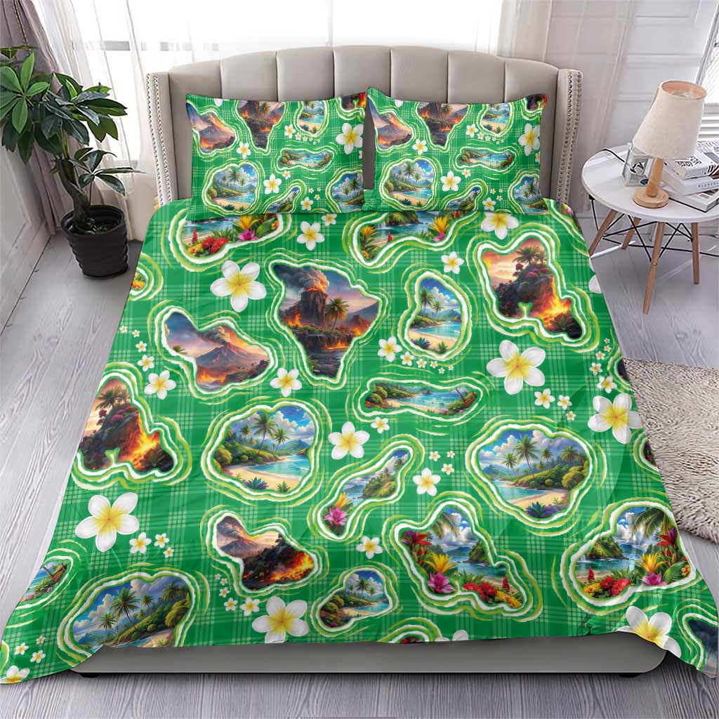 Hawaii Map with Plumeria Flower and Palaka Pattern Bedding Set Tropical Island Green Design LT03 - Polynesian Pride