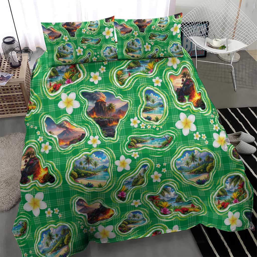 Hawaii Map with Plumeria Flower and Palaka Pattern Bedding Set Tropical Island Green Design LT03 - Polynesian Pride