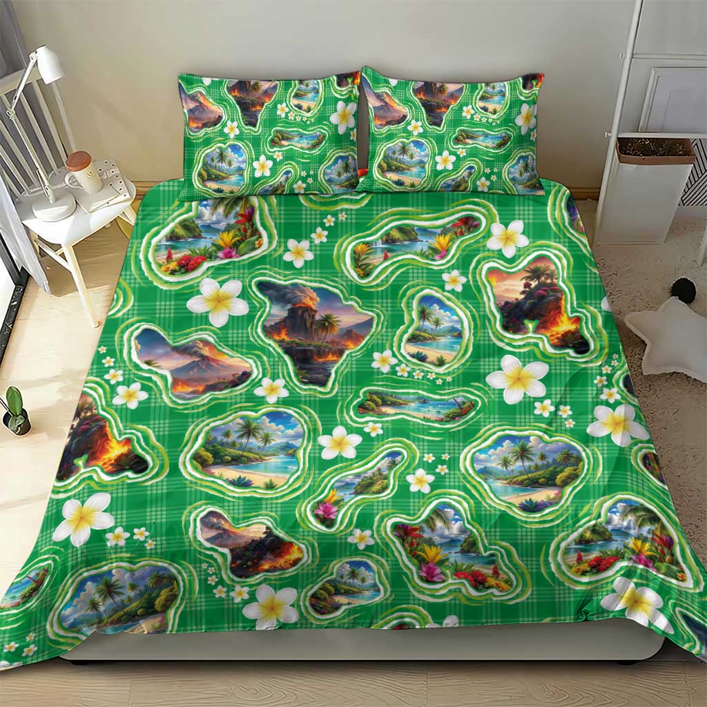 Hawaii Map with Plumeria Flower and Palaka Pattern Bedding Set Tropical Island Green Design LT03 - Polynesian Pride