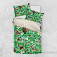 Hawaii Map with Plumeria Flower and Palaka Pattern Bedding Set Tropical Island Green Design LT03 US Twin 172cm x 218cm Green - Polynesian Pride