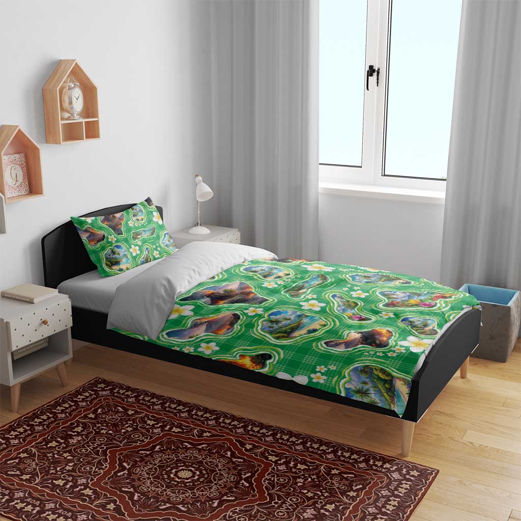 Hawaii Map with Plumeria Flower and Palaka Pattern Bedding Set Tropical Island Green Design LT03 - Polynesian Pride