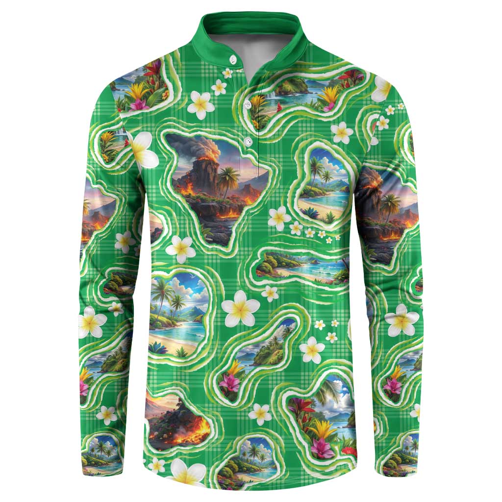 Hawaii Map with Plumeria Flower and Palaka Pattern Button Sweatshirt Tropical Island Green Design LT03 Green - Polynesian Pride