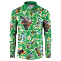 Hawaii Map with Plumeria Flower and Palaka Pattern Button Sweatshirt Tropical Island Green Design LT03 Green - Polynesian Pride