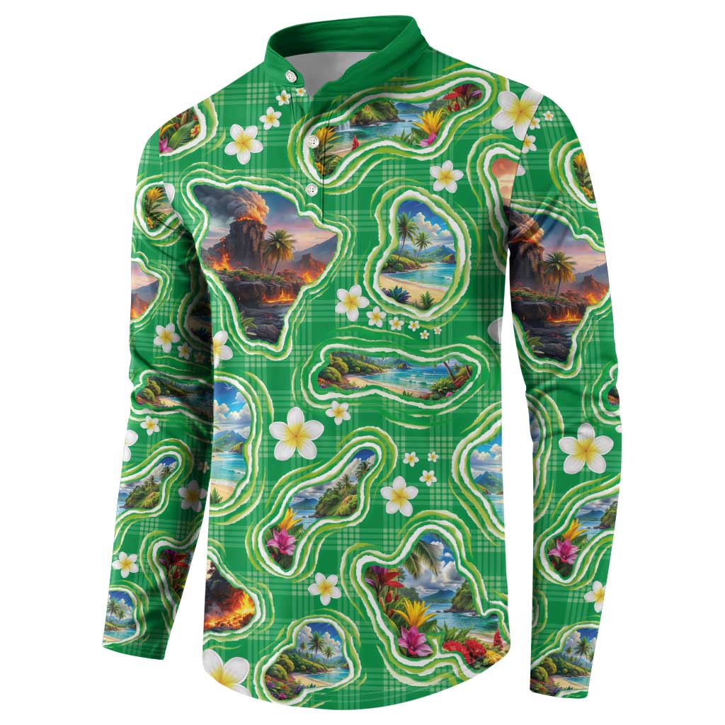 Hawaii Map with Plumeria Flower and Palaka Pattern Button Sweatshirt Tropical Island Green Design LT03 - Polynesian Pride
