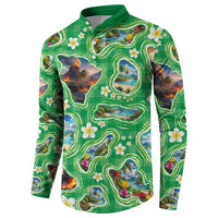 Hawaii Map with Plumeria Flower and Palaka Pattern Button Sweatshirt Tropical Island Green Design LT03 - Polynesian Pride