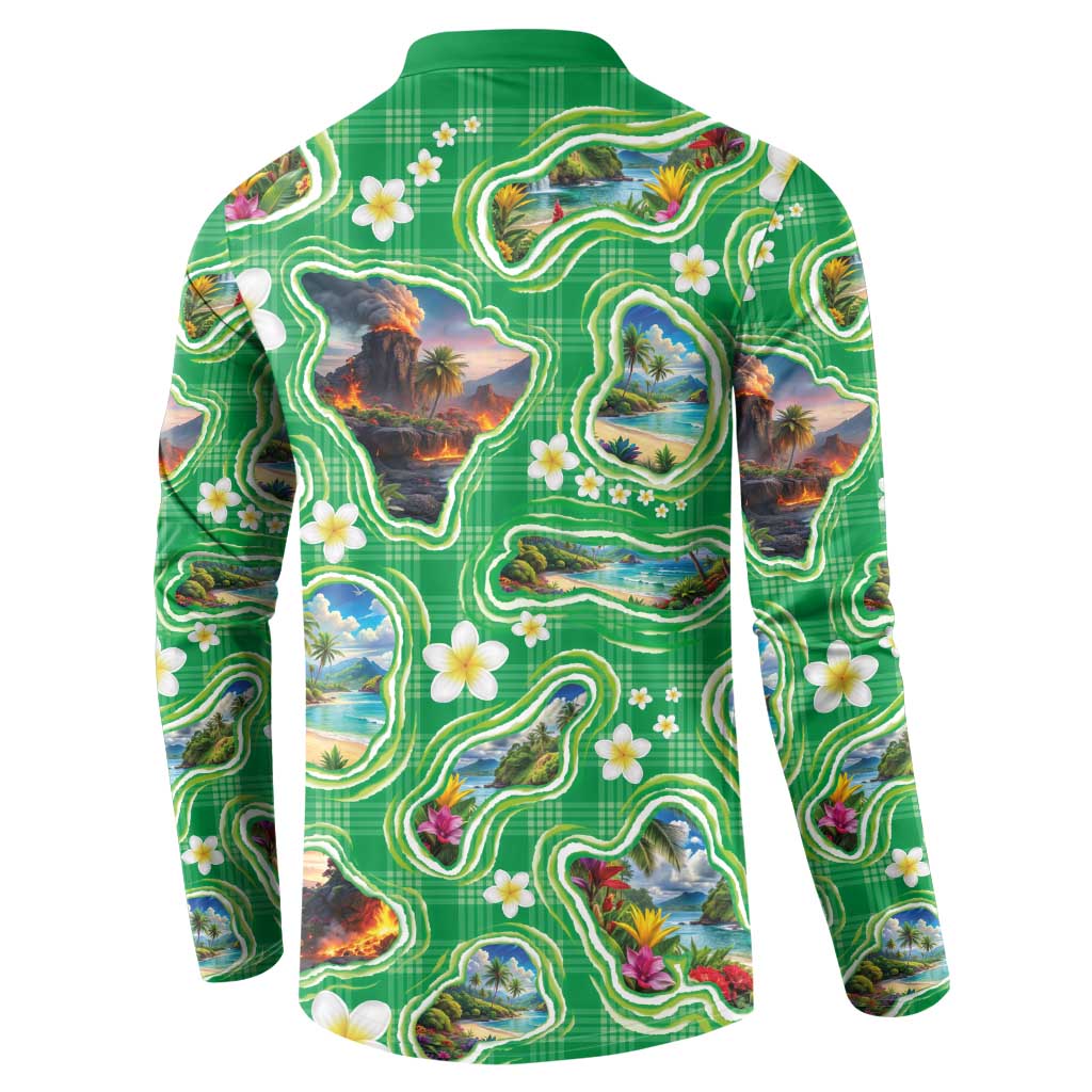 Hawaii Map with Plumeria Flower and Palaka Pattern Button Sweatshirt Tropical Island Green Design LT03 - Polynesian Pride