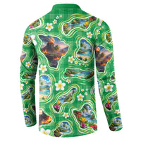 Hawaii Map with Plumeria Flower and Palaka Pattern Button Sweatshirt Tropical Island Green Design LT03 - Polynesian Pride
