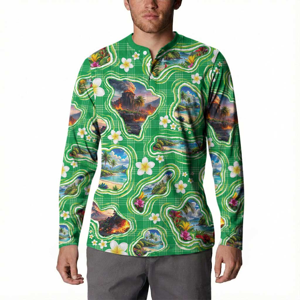Hawaii Map with Plumeria Flower and Palaka Pattern Button Sweatshirt Tropical Island Green Design LT03 - Polynesian Pride