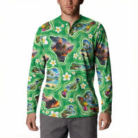 Hawaii Map with Plumeria Flower and Palaka Pattern Button Sweatshirt Tropical Island Green Design LT03 - Polynesian Pride