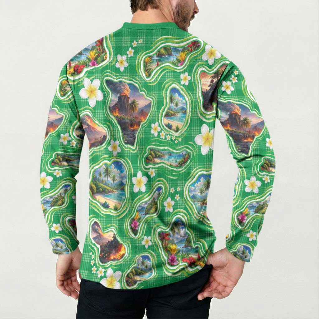 Hawaii Map with Plumeria Flower and Palaka Pattern Button Sweatshirt Tropical Island Green Design LT03 - Polynesian Pride