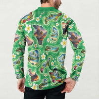 Hawaii Map with Plumeria Flower and Palaka Pattern Button Sweatshirt Tropical Island Green Design LT03 - Polynesian Pride