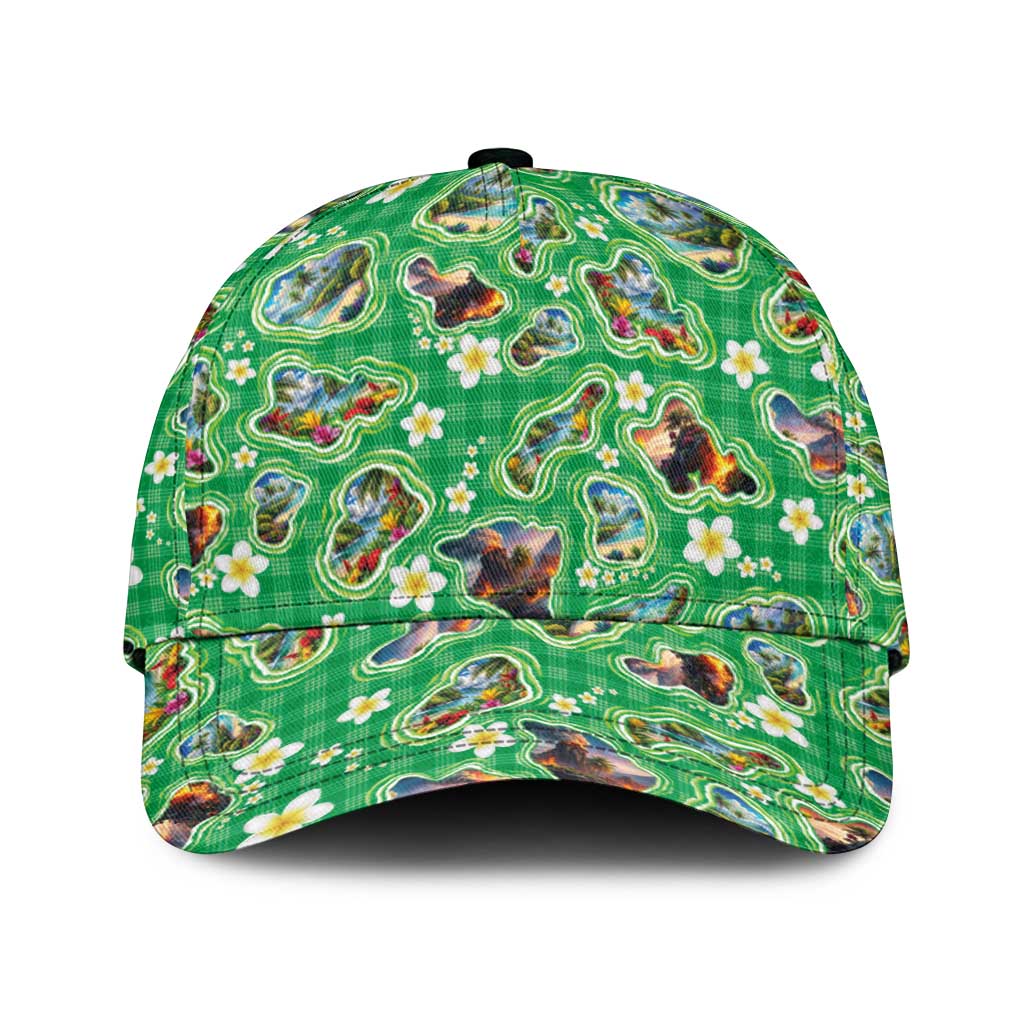 Hawaii Map with Plumeria Flower and Palaka Pattern Classic Cap Tropical Island Green Design LT03 Universal Fit Green - Polynesian Pride
