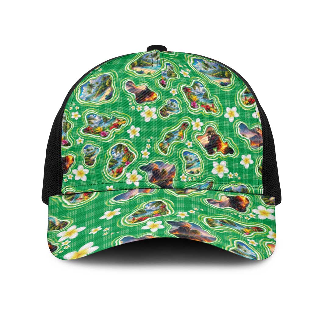Hawaii Map with Plumeria Flower and Palaka Pattern Mesh Trucker Cap Tropical Island Green Design LT03 One Size Black Green - Polynesian Pride