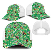 Hawaii Map with Plumeria Flower and Palaka Pattern Mesh Trucker Cap Tropical Island Green Design LT03 - Polynesian Pride
