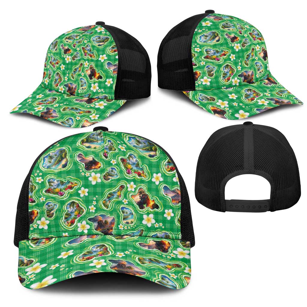 Hawaii Map with Plumeria Flower and Palaka Pattern Mesh Trucker Cap Tropical Island Green Design LT03 - Polynesian Pride