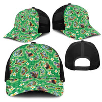 Hawaii Map with Plumeria Flower and Palaka Pattern Mesh Trucker Cap Tropical Island Green Design LT03 - Polynesian Pride