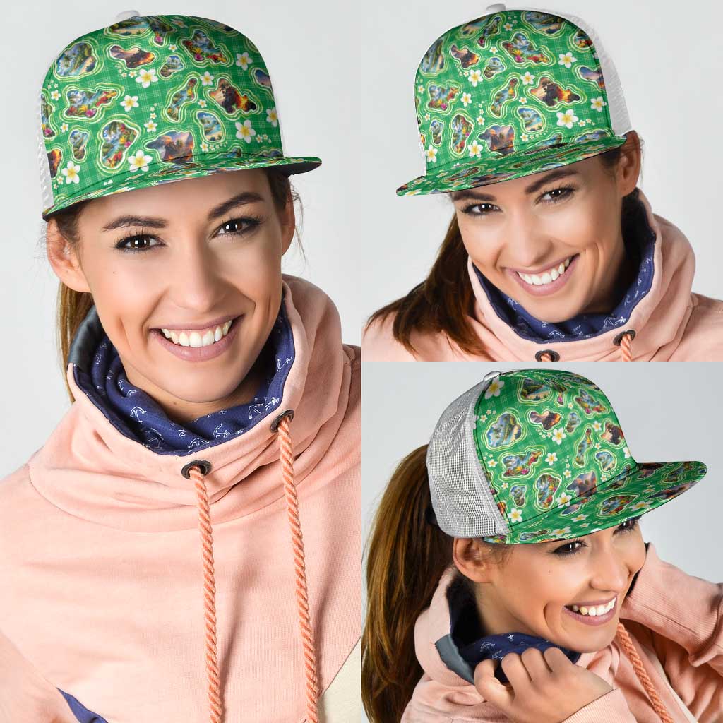 Hawaii Map with Plumeria Flower and Palaka Pattern Mesh Trucker Cap Tropical Island Green Design LT03 - Polynesian Pride