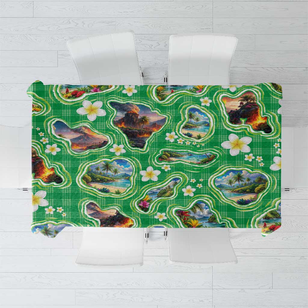 Hawaii Map with Plumeria Flower and Palaka Pattern Tablecloth Tropical Island Green Design LT03 Green - Polynesian Pride