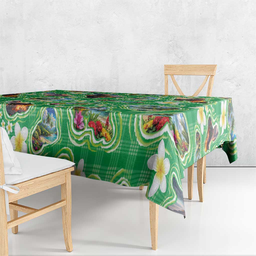 Hawaii Map with Plumeria Flower and Palaka Pattern Tablecloth Tropical Island Green Design LT03 - Polynesian Pride