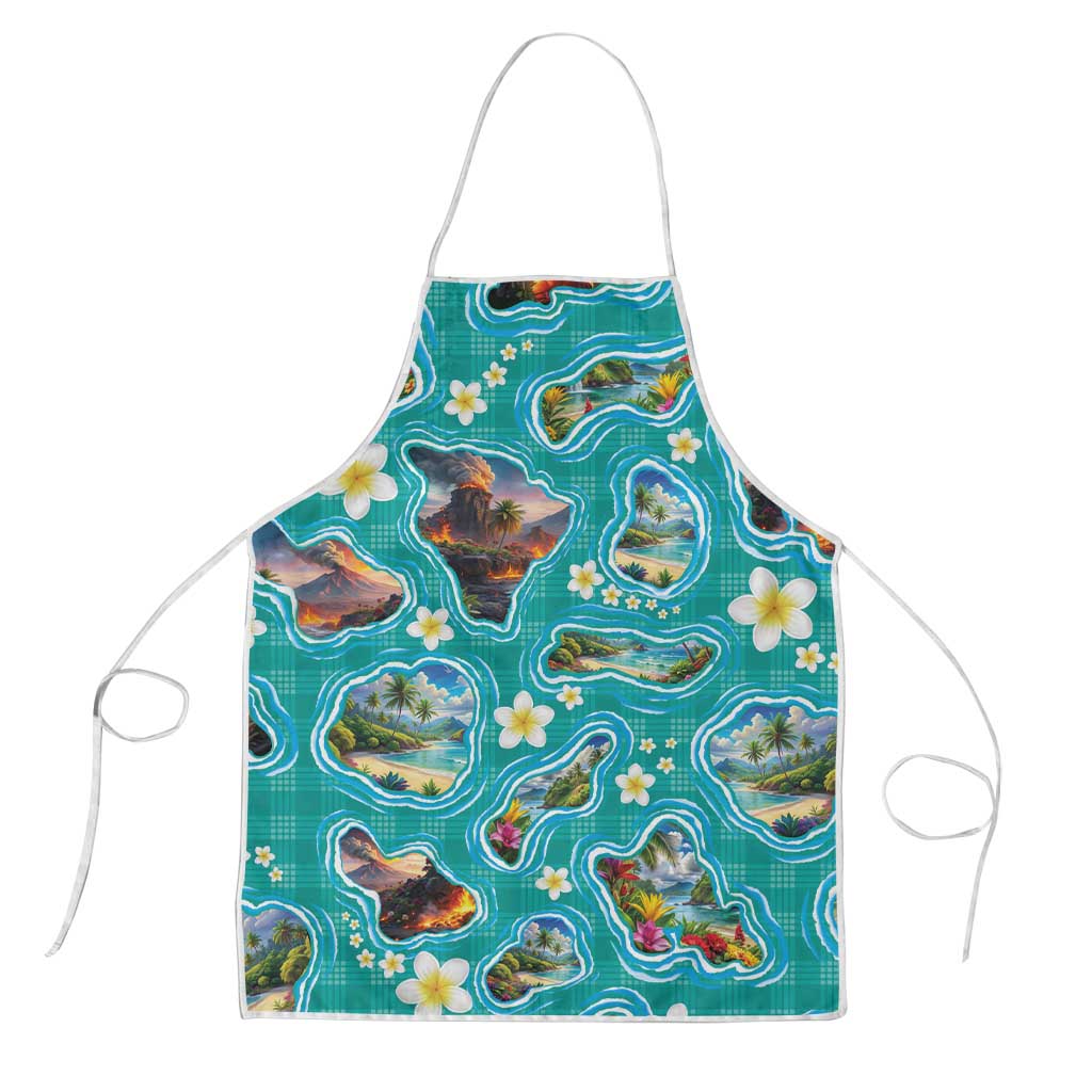 Hawaii Map with Plumeria Flower and Palaka Pattern Apron Tropical Island Teal Design LT03 Teal - Polynesian Pride