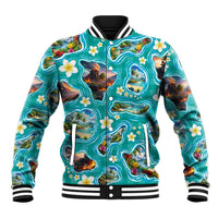 Hawaii Map with Plumeria Flower and Palaka Pattern Baseball Jacket Tropical Island Teal Design LT03 Unisex Teal - Polynesian Pride