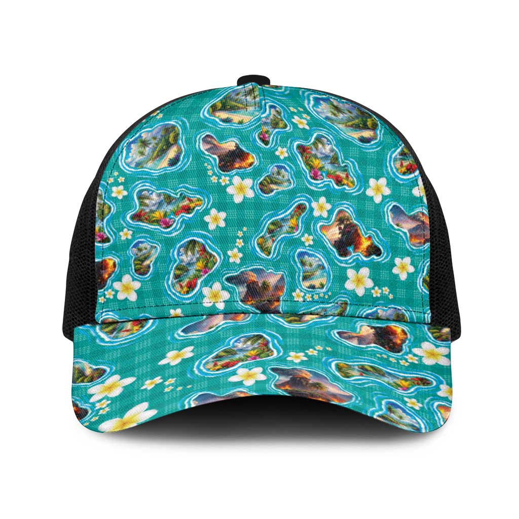 Hawaii Map with Plumeria Flower and Palaka Pattern Baseball Net Cap Tropical Island Teal Design LT03 One Size Black Teal - Polynesian Pride