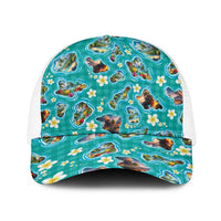 Hawaii Map with Plumeria Flower and Palaka Pattern Baseball Net Cap Tropical Island Teal Design LT03 One Size White Teal - Polynesian Pride