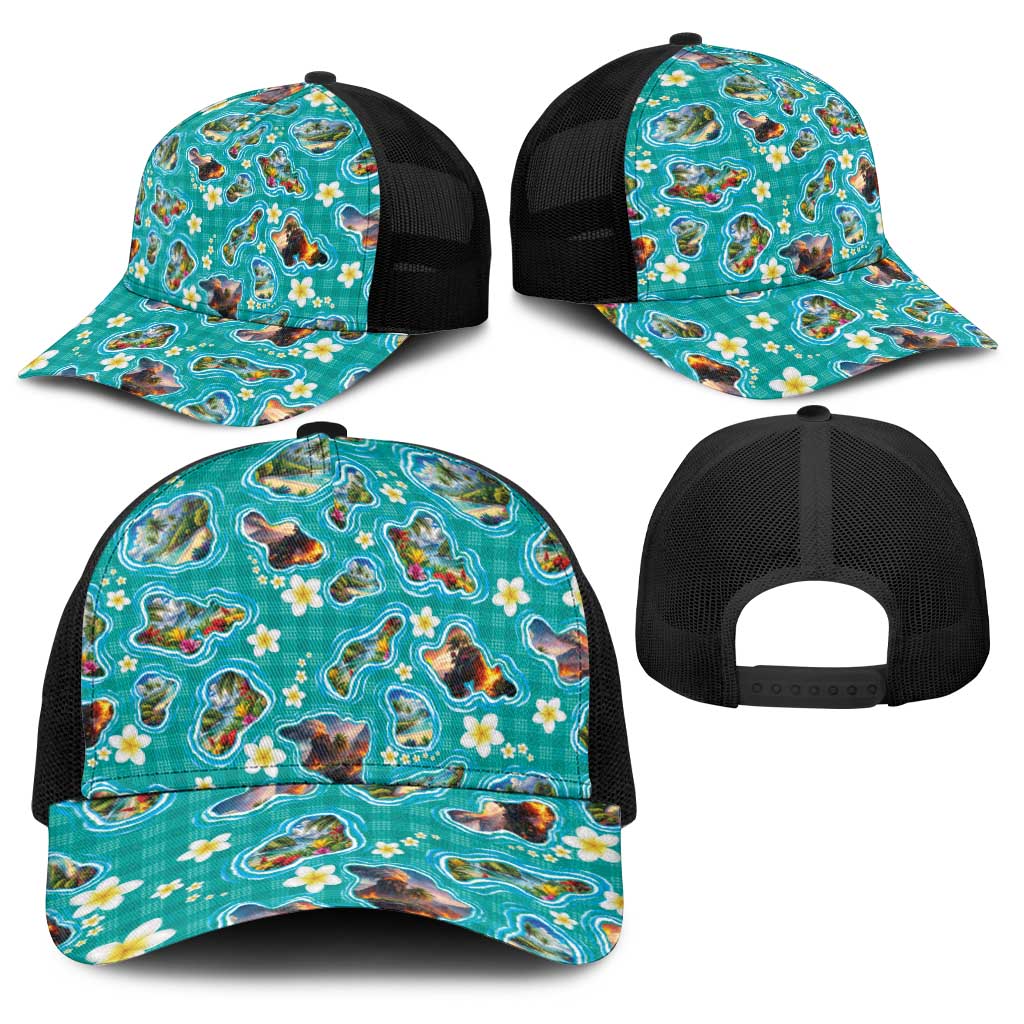 Hawaii Map with Plumeria Flower and Palaka Pattern Baseball Net Cap Tropical Island Teal Design LT03 - Polynesian Pride