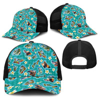 Hawaii Map with Plumeria Flower and Palaka Pattern Baseball Net Cap Tropical Island Teal Design LT03 - Polynesian Pride